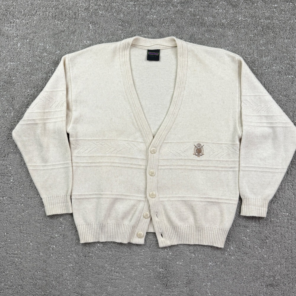 Westbury Cardigan Sweater Mens M Cream Cotton Linen Crest Knit Preppy